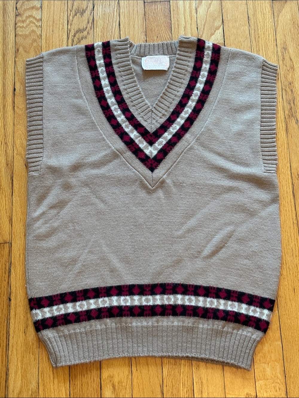Pendleton V-Neck Sweater Vest with Burgundy and Cream Trim vintage size small